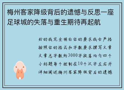 梅州客家降级背后的遗憾与反思一座足球城的失落与重生期待再起航